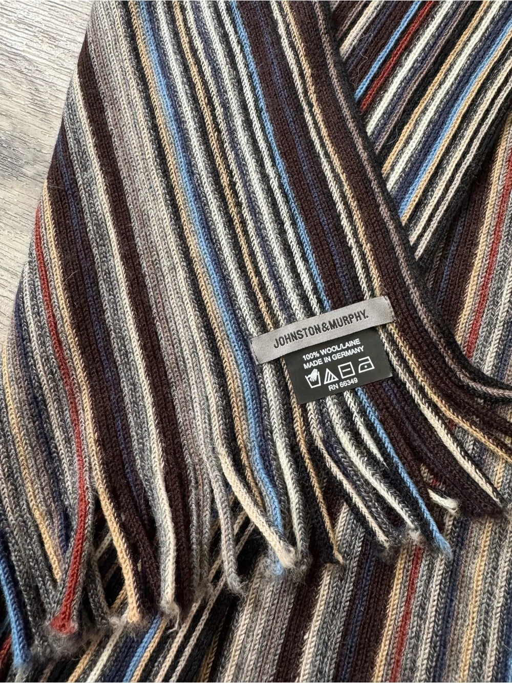 Johnston & Murphy 100% Wool Made in Gemany Striped Multi Color Fringe Scarf